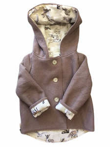 OOAK - Upcycled 100% Wool Mushroom Hooded Coat Lined Sepia Animals - Age 4