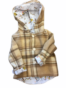 OOAK - Upcycled 100% Wool Beige Check Hooded Coat Lined Hunting Theme - Age 4