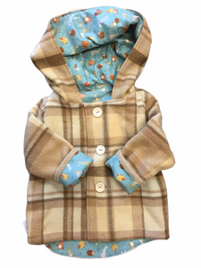 OOAK - Upcycled 100% Wool Beige Check Hooded Coat Lined Teal Animals - Age 3