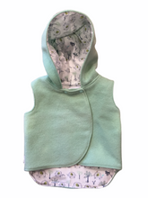 Load image into Gallery viewer, Mint Green 100% Wool Reversible Hooded Vest Lined in Elephants
