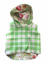 Load image into Gallery viewer, Lime Green Check 100% Wool Reversible Hooded Vest Lined in Pale Green Whimsical
