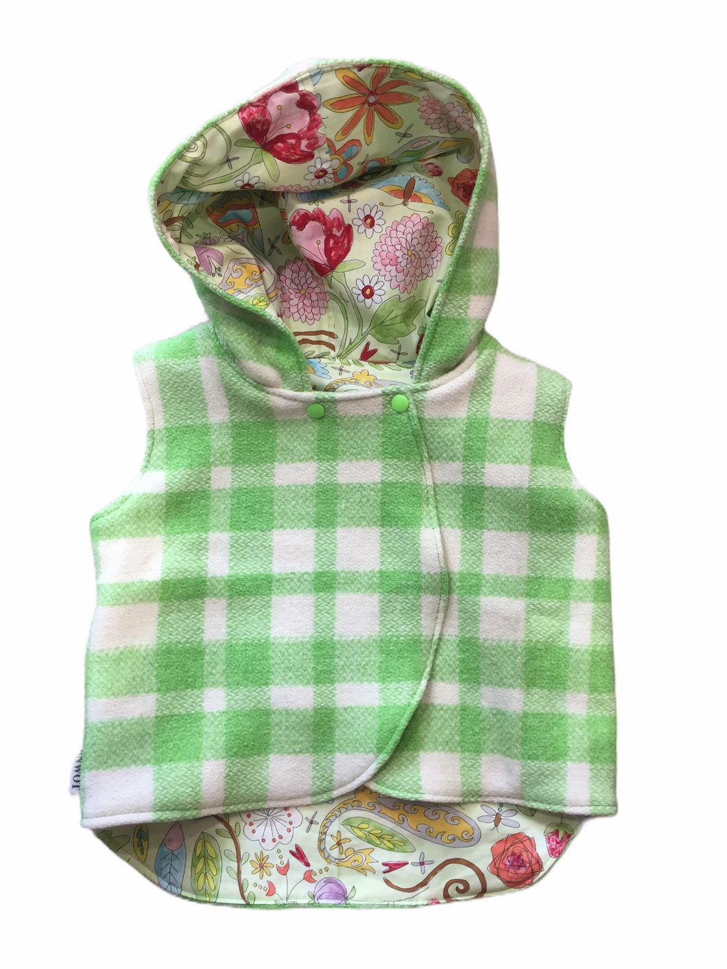 Lime Green Check 100% Wool Reversible Hooded Vest Lined in Pale Green Whimsical