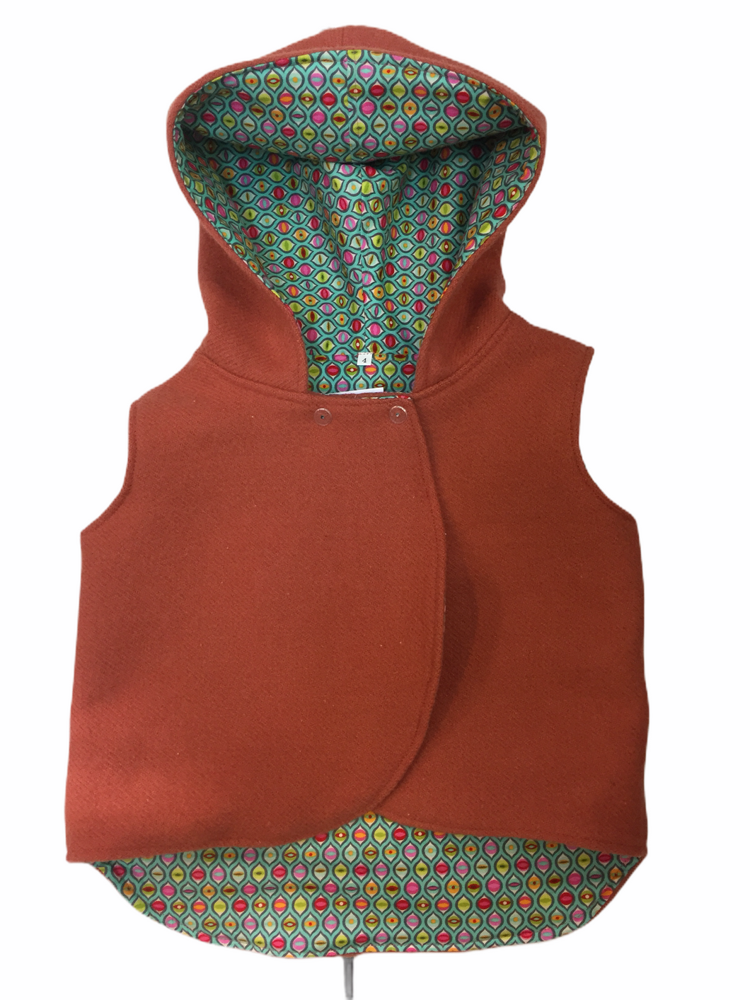 Blush Pink 100% Wool Reversible Hooded Vest Lined in Green Cats Eyes