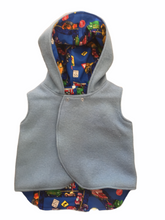 Load image into Gallery viewer, Blue 100% Wool Reversible Hooded Vest Lined in Cars &amp; Roads
