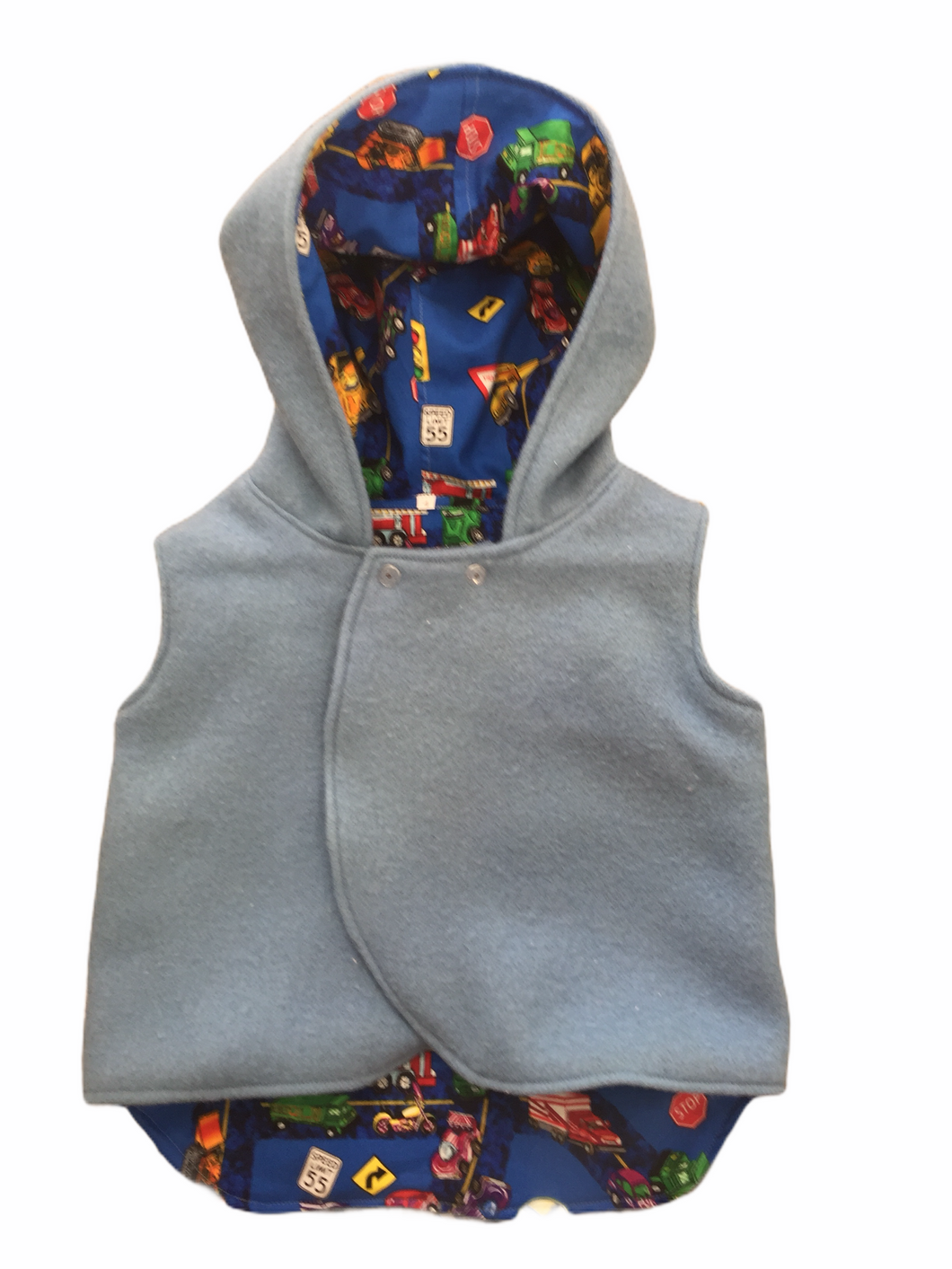 Blue 100% Wool Reversible Hooded Vest Lined in Cars & Roads