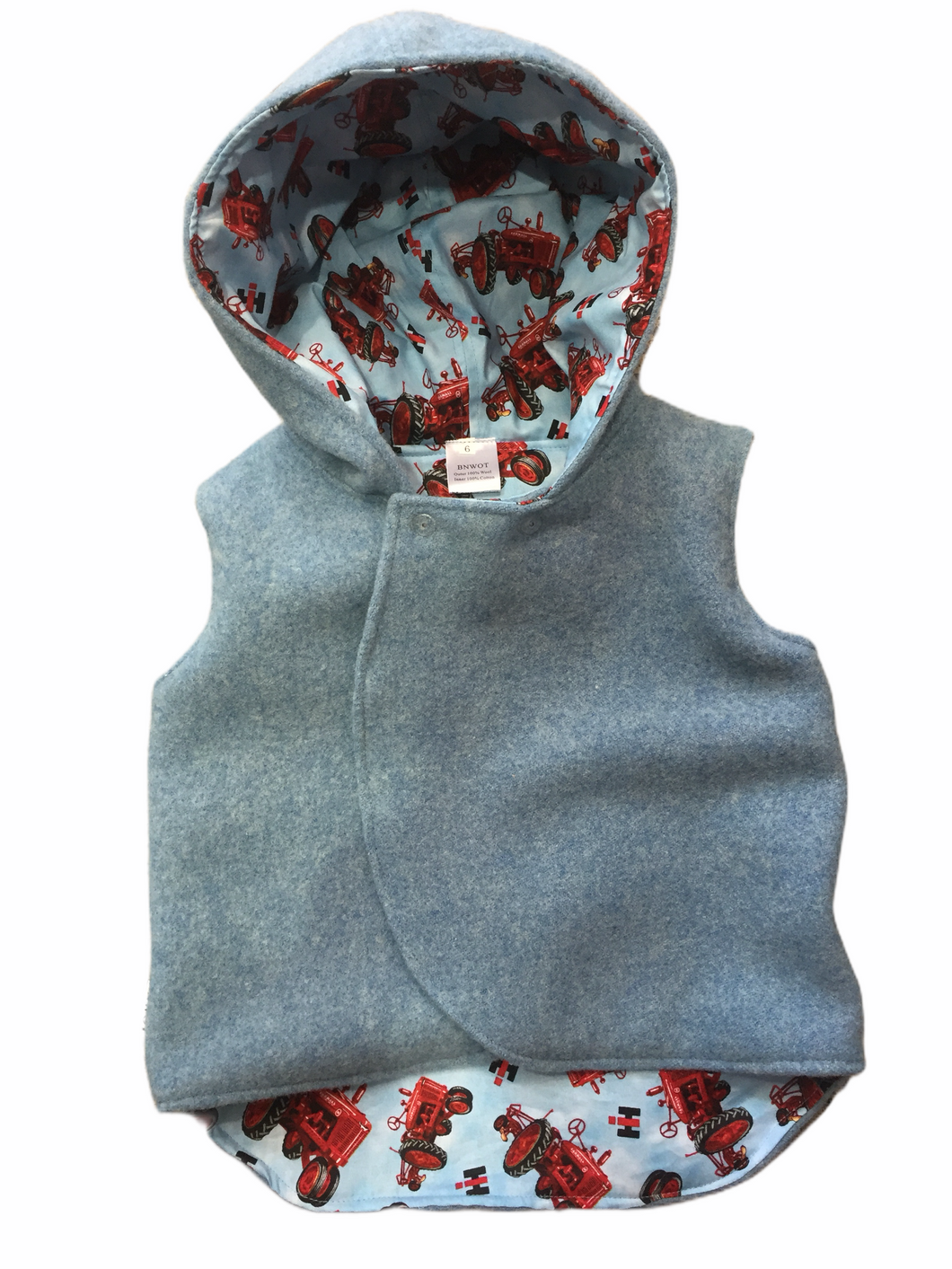 Blue 100% Wool Reversible Hooded Vest Lined in Red Tractors