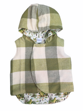 Load image into Gallery viewer, Green Check 100% Wool Reversible Hooded Vest Lined in Cream Frogs
