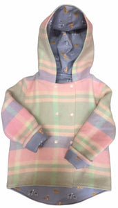 OOAK - Upcycled 100% Wool Pink & Green Check Reversible Hooded Coat Lined Grey Wild Animals - Age 5