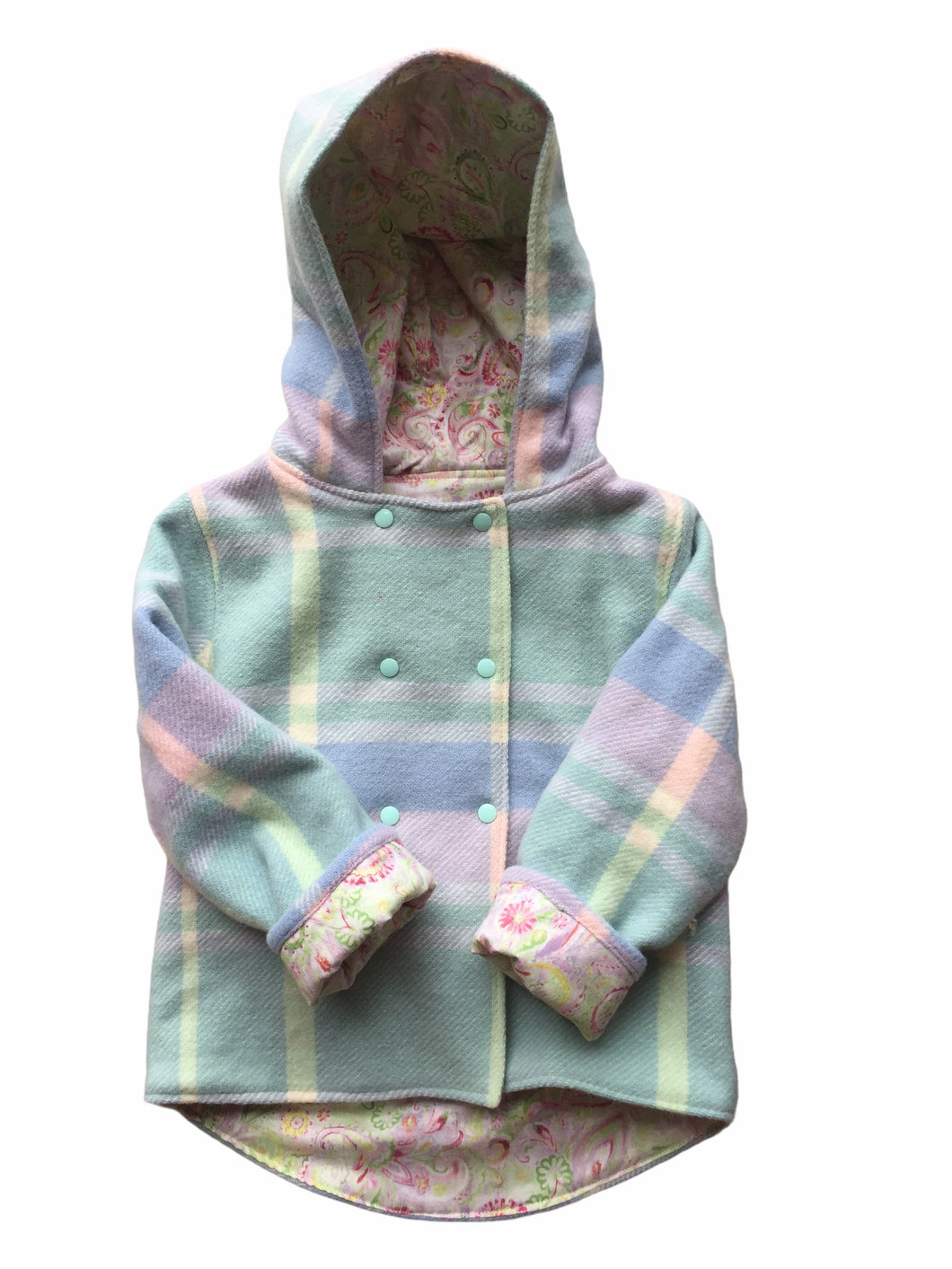 OOAK - Upcycled 100% Multi Check Reversible Hooded Coat Lined Green Floral - Age 5