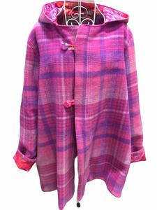 OOAK Upcycled Ladies Coat Bright Pink Check 100% NZ Wool Lined 100% Cotton  - Size 18