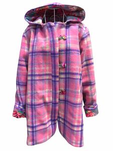 OOAK Upcycled Ladies Coat Pink & Purple Check 100% NZ Wool Lined 100% Cotton