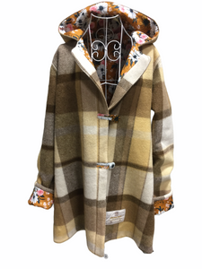 OOAK Upcycled Ladies Coat Brown & Cream Check 100% NZ Wool Lined 100% Cotton