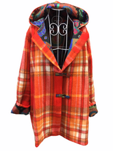 Load image into Gallery viewer, OOAK Upcycled Ladies Coat Orange Check 100% NZ Wool Lined 100% Cotton
