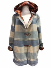 Load image into Gallery viewer, OOAK Upcycled Ladies Blue &amp; Cream Check 100% NZ Wool Lined Brown Medallions 100% Cotton
