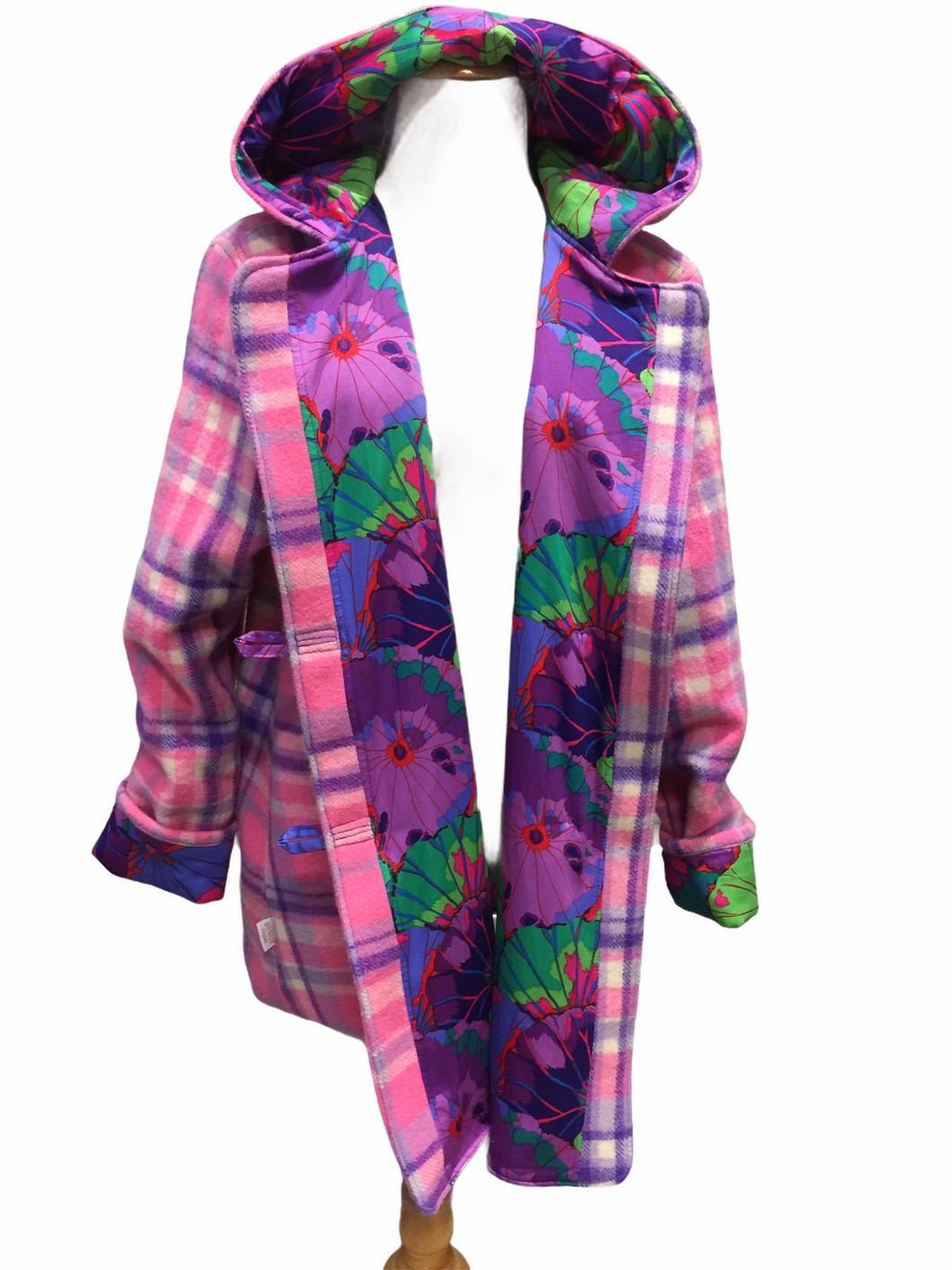 OOAK Upcycled Ladies Coat Pink & Purple Check 100% NZ Wool Lined Lotus Flowers 100% Cotton