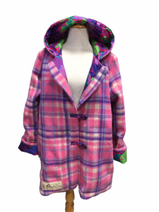 OOAK Upcycled Ladies Coat Pink & Purple Check 100% NZ Wool Lined Lotus Flowers 100% Cotton