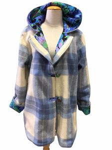 OOAK Upcycled Ladies Blue Check Coat 100% NZ Wool Lined 100% Cotton - Size 14