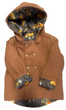 Load image into Gallery viewer, OOAK - Upcycled 100% Wool Mustard Reversible Hooded Coat Lined Trucks &amp; Diggers - Age 4
