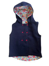 Load image into Gallery viewer, Navy Blue 100% Wool Reversible Hooded Long Fronted Vest Lined in Liberty Red &amp; Yellow Floral
