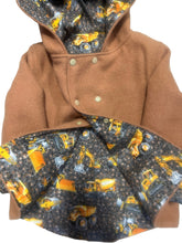 Load image into Gallery viewer, OOAK - Upcycled 100% Wool Mustard Reversible Hooded Coat Lined Trucks &amp; Diggers - Age 4
