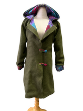 Load image into Gallery viewer, OOAK Ladies Upcycled 100% Wool Olive Green Coat Lined 100% Cotton - MADE TO ORDER
