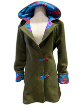 Load image into Gallery viewer, OOAK Ladies Upcycled 100% Wool Olive Coat Lined 100% Cotton - MADE TO ORDER
