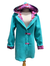 Load image into Gallery viewer, OOAK Upcycled Ladies Turquoise Coat 100% NZ Wool Lined 100% Cotton - MADE TO ORDER
