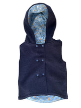 Load image into Gallery viewer, Navy Blue 100% Wool Reversible Hooded Long Fronted Vest Lined in Liberty Adventures in the Sky
