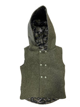 Load image into Gallery viewer, Khaki 100% Wool Reversible Hooded Long Fronted Vest Lined in Green Camouflage
