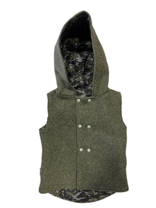 Khaki 100% Wool Reversible Hooded Long Fronted Vest Lined in Green Camouflage