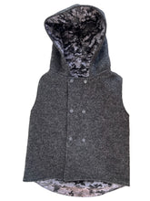 Load image into Gallery viewer, Charcoal 100% Wool Reversible Hooded Long Fronted Vest Lined in Black Camouflage
