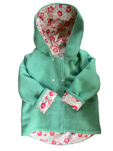 Load image into Gallery viewer, Upcycled 100% Wool Green Reversible Hooded Coat Lined Liberty Floral  - Age 5
