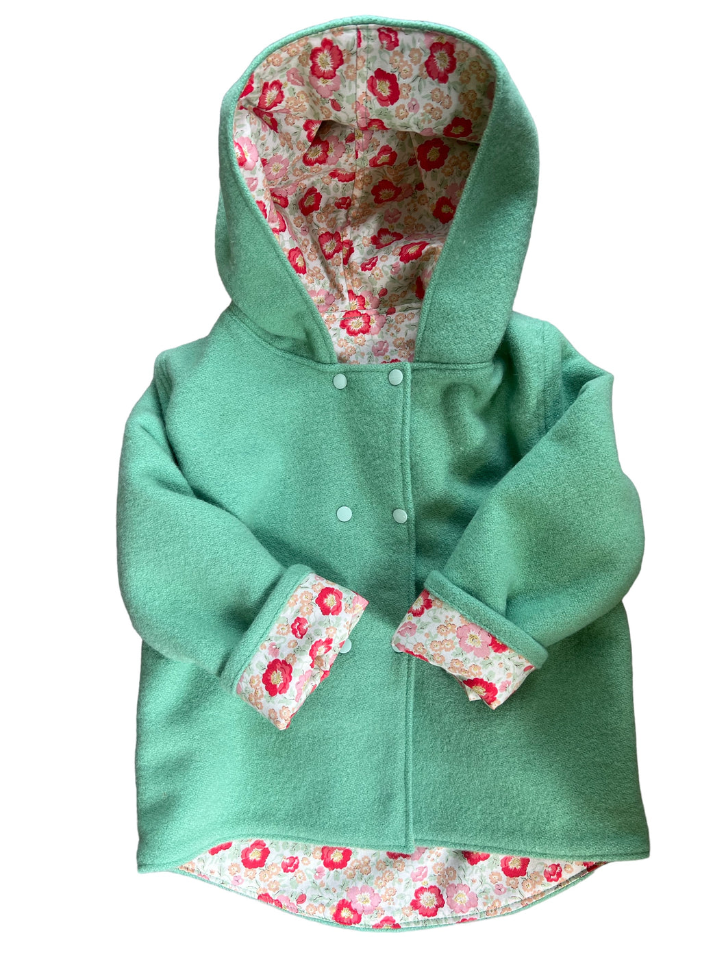 Upcycled 100% Wool Green Reversible Hooded Coat Lined Liberty Floral  - Age 5