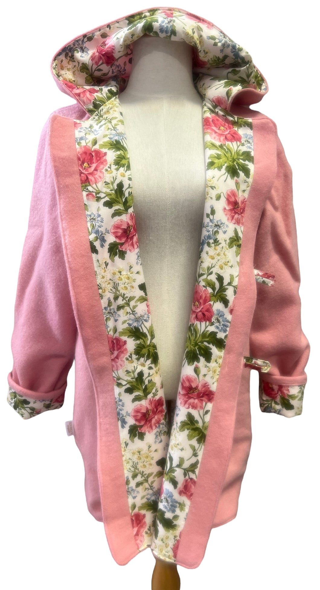 OOAK Upcycled Ladies Pale Pink 100% NZ Wool Lined Cream Floral 100% Cotton Made to Order